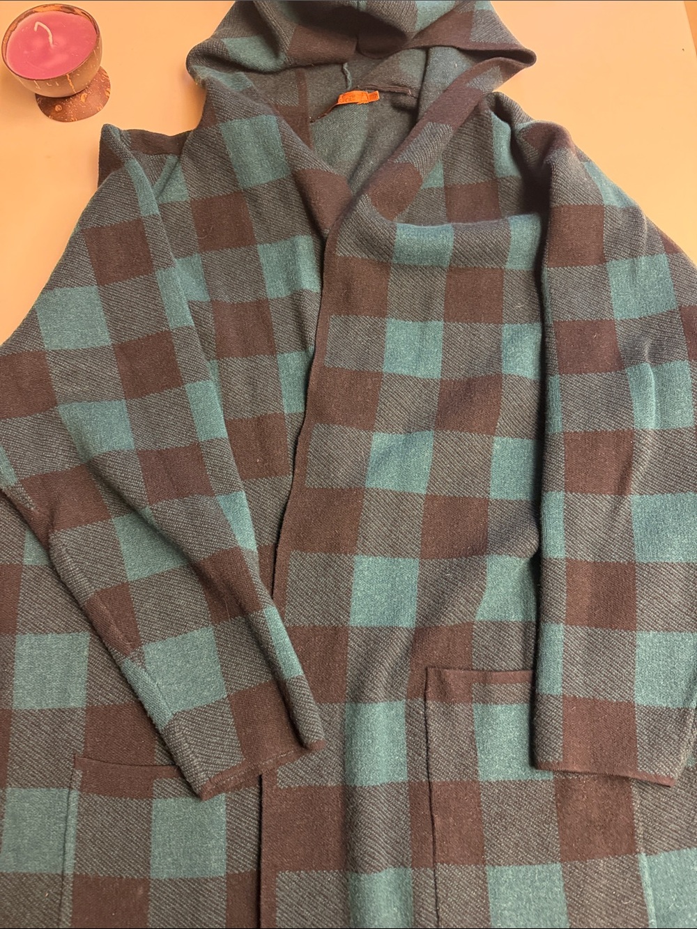 Plaid Hooded Open Cardigan in Teal and Black 3X